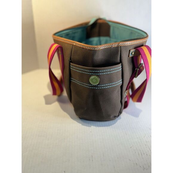 GAP 1969 Heavy Duty Brown Canvas Handbag Leather Trim Orange and Pink Stripes - Picture 9 of 16